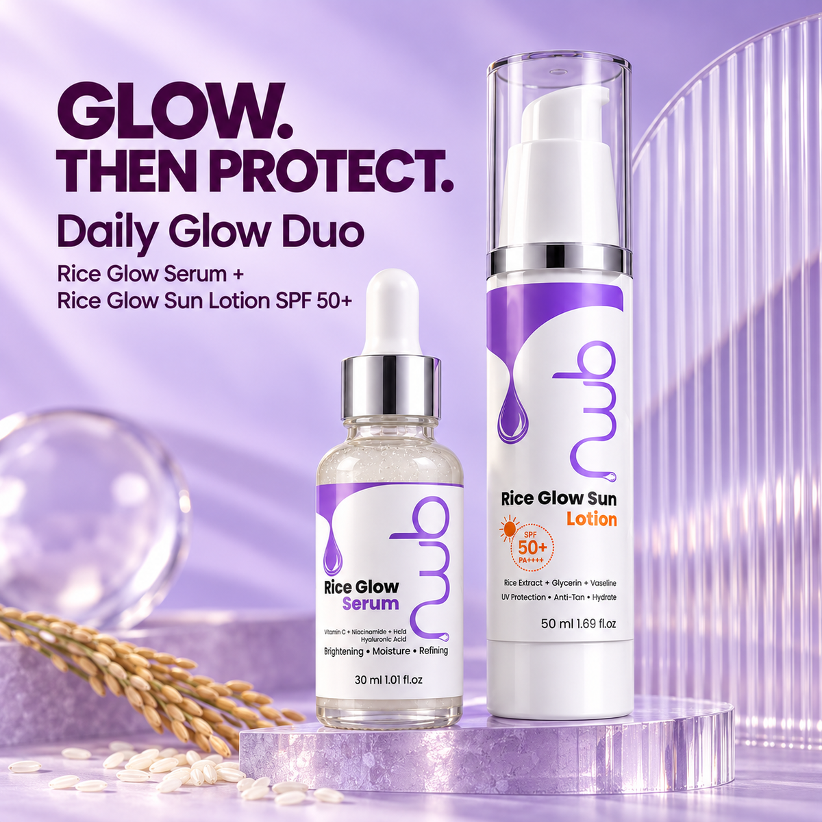 Daily Glow Duo campaign image — glow with Rice Glow Serum, then protect with Rice Glow Sun Lotion SPF 50+