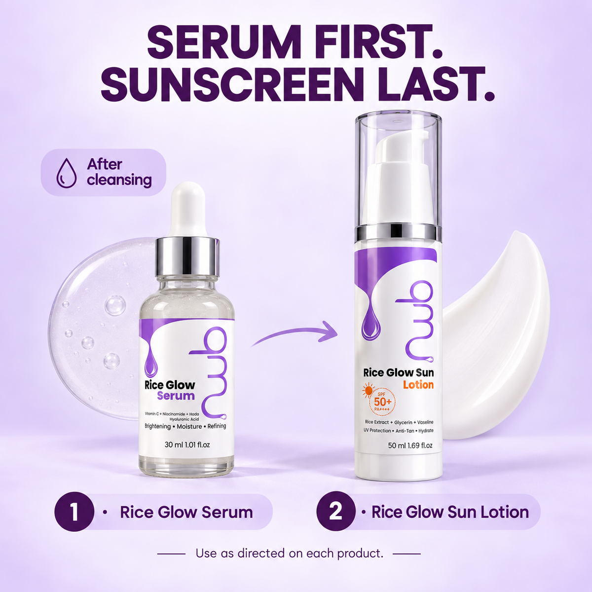How to use the Daily Glow Duo — after cleansing, apply Rice Glow Serum first, then Rice Glow Sun Lotion SPF 50+ as the last step