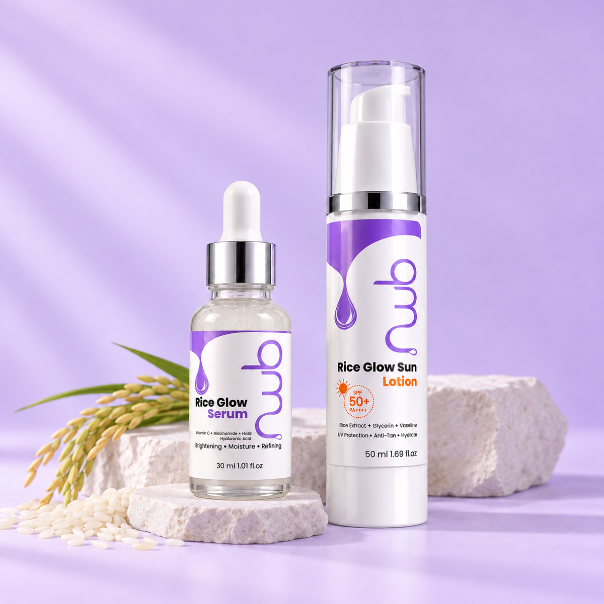 Rice Glow Serum 30ml and Rice Glow Sun Lotion SPF 50+ 50ml bottles displayed together on a lavender background