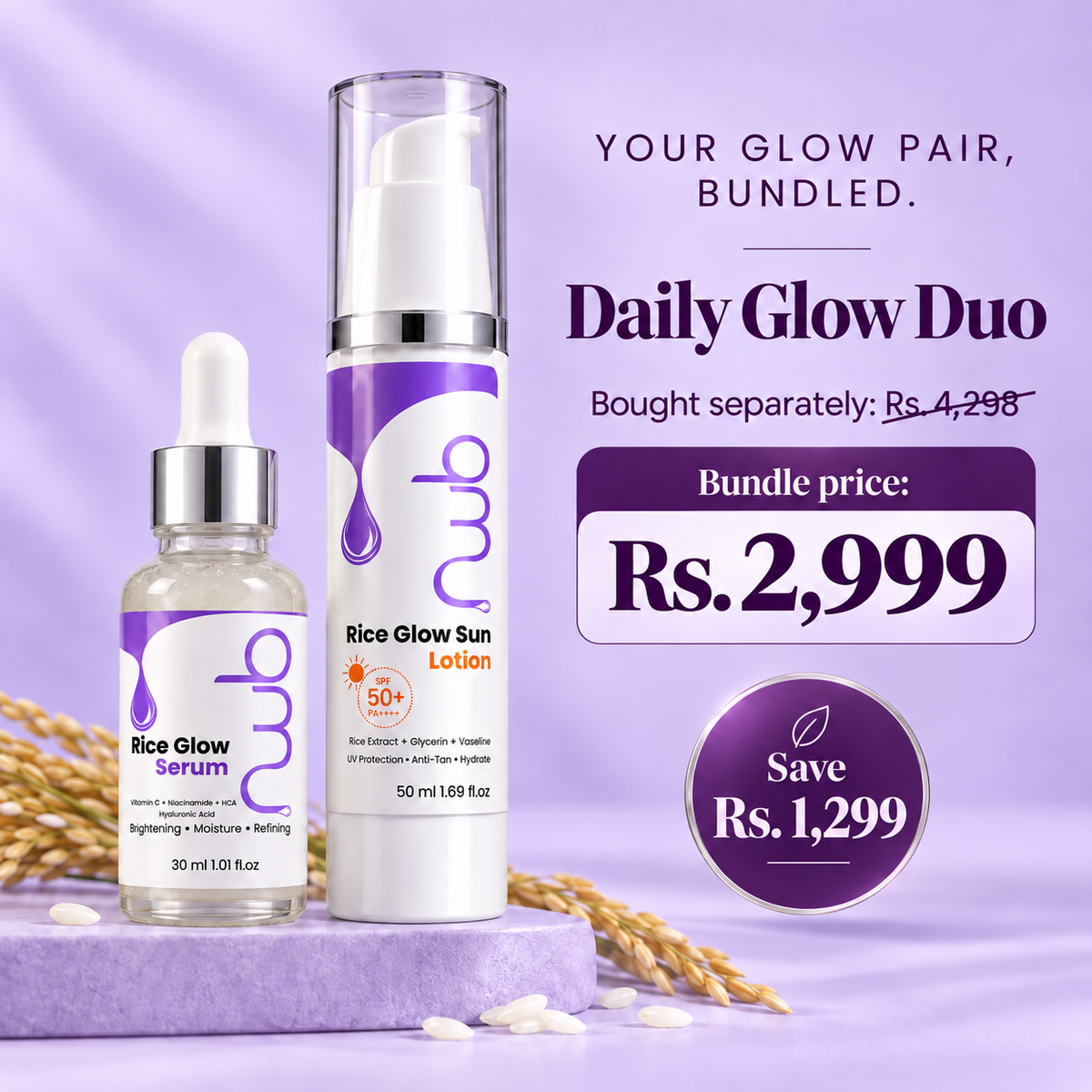 Daily Glow Duo bundle — Rice Glow Serum and Rice Glow Sun Lotion SPF 50+, bundle price Rs. 2,999 (bought separately Rs. 4,298), save Rs. 1,299