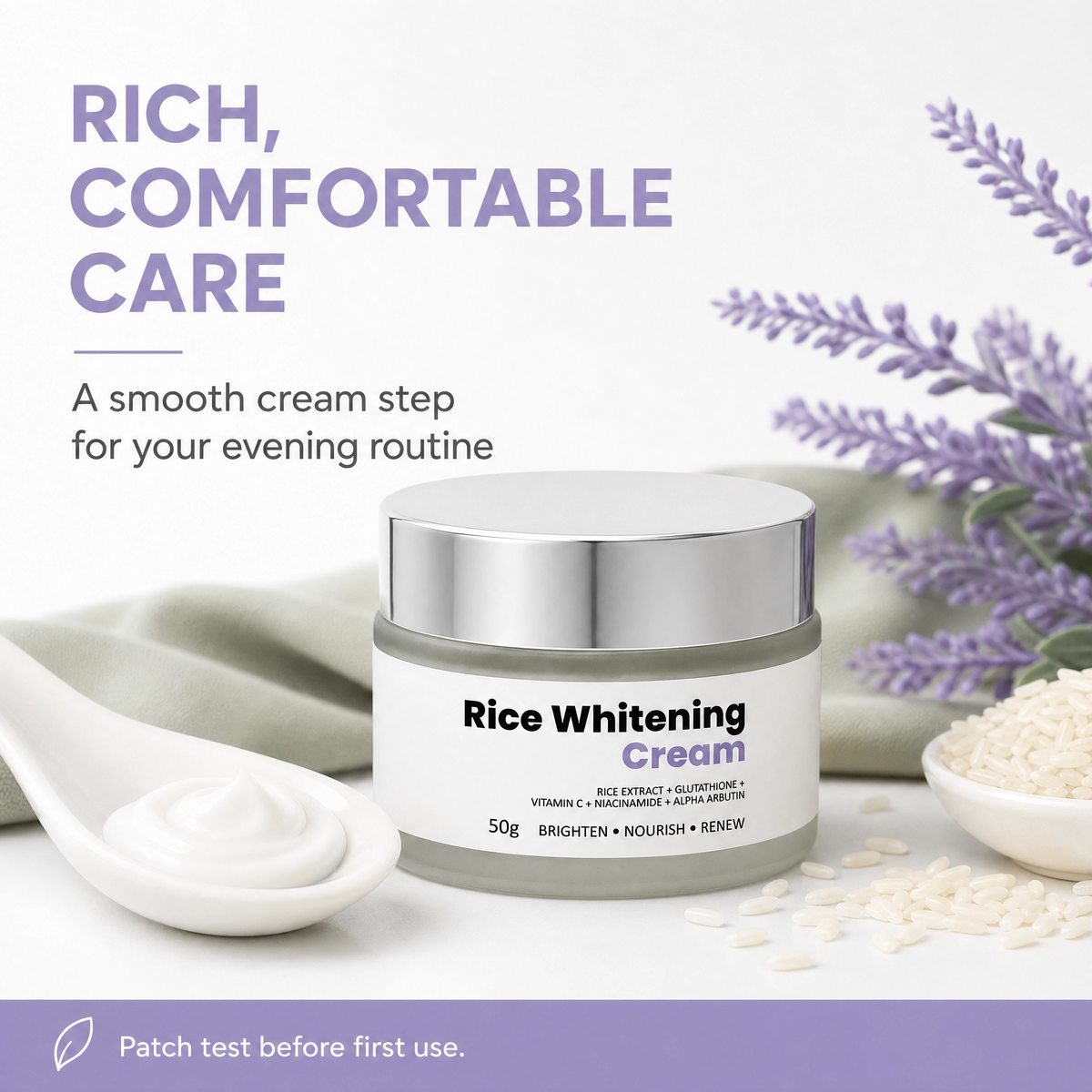 Rice Whitening Cream with Glutathione & Niacinamide - Brightening Night Cream for Even Skin Tone | 50g