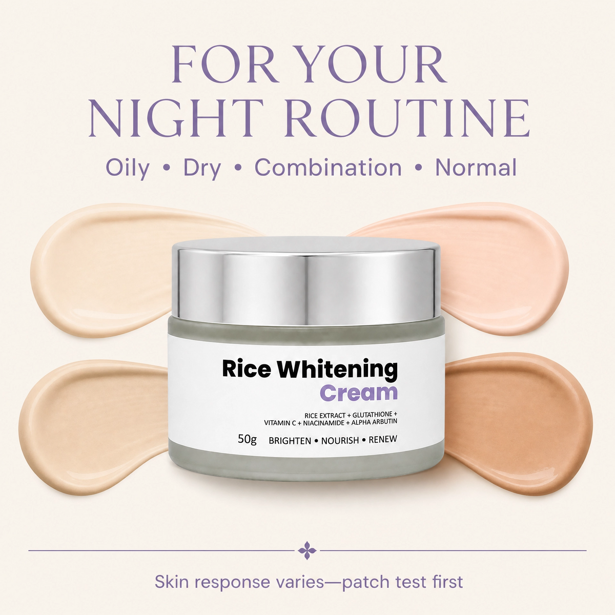 Rice Whitening Cream with Glutathione & Niacinamide - Brightening Night Cream for Even Skin Tone | 50g