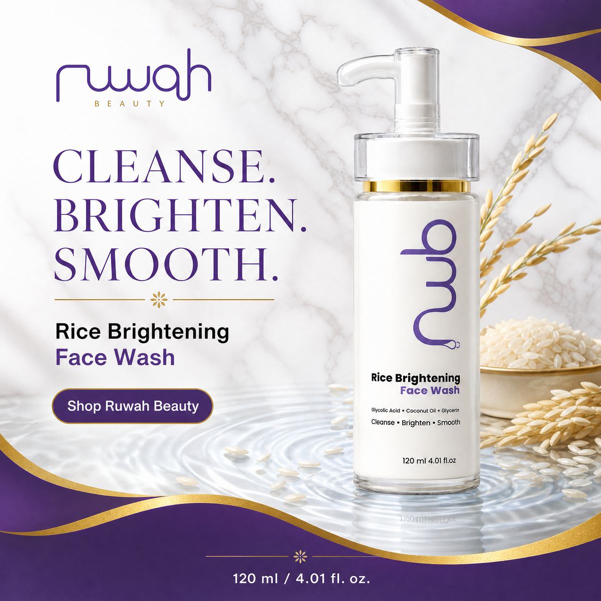 Rice Brightening Face Wash with Glycolic Acid - Deep Cleansing Facial Cleanser for Smooth Skin | 120ml