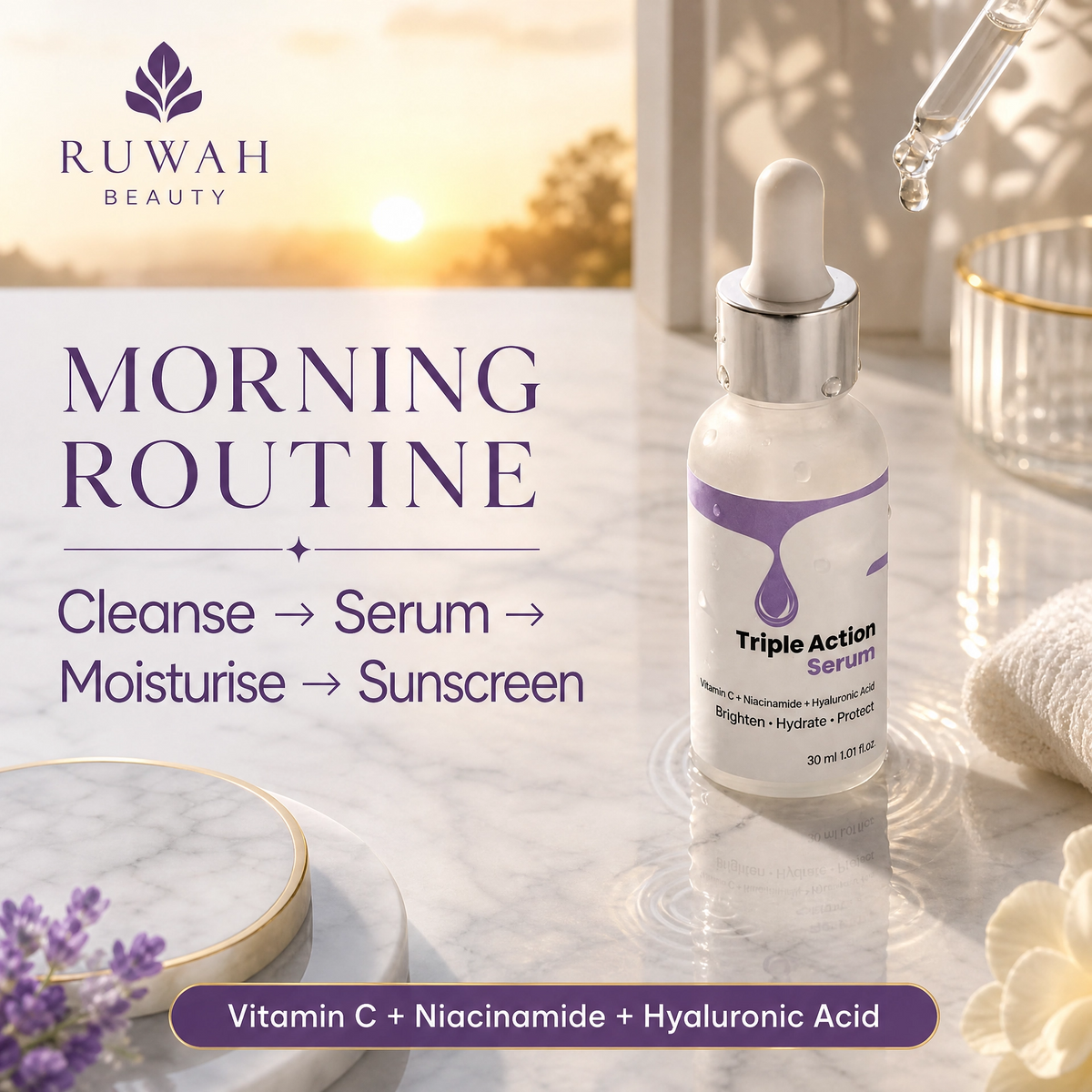 Triple Action Serum with Vitamin C, Niacinamide & Hyaluronic Acid - Brighten, Hydrate & Protect | 30ml