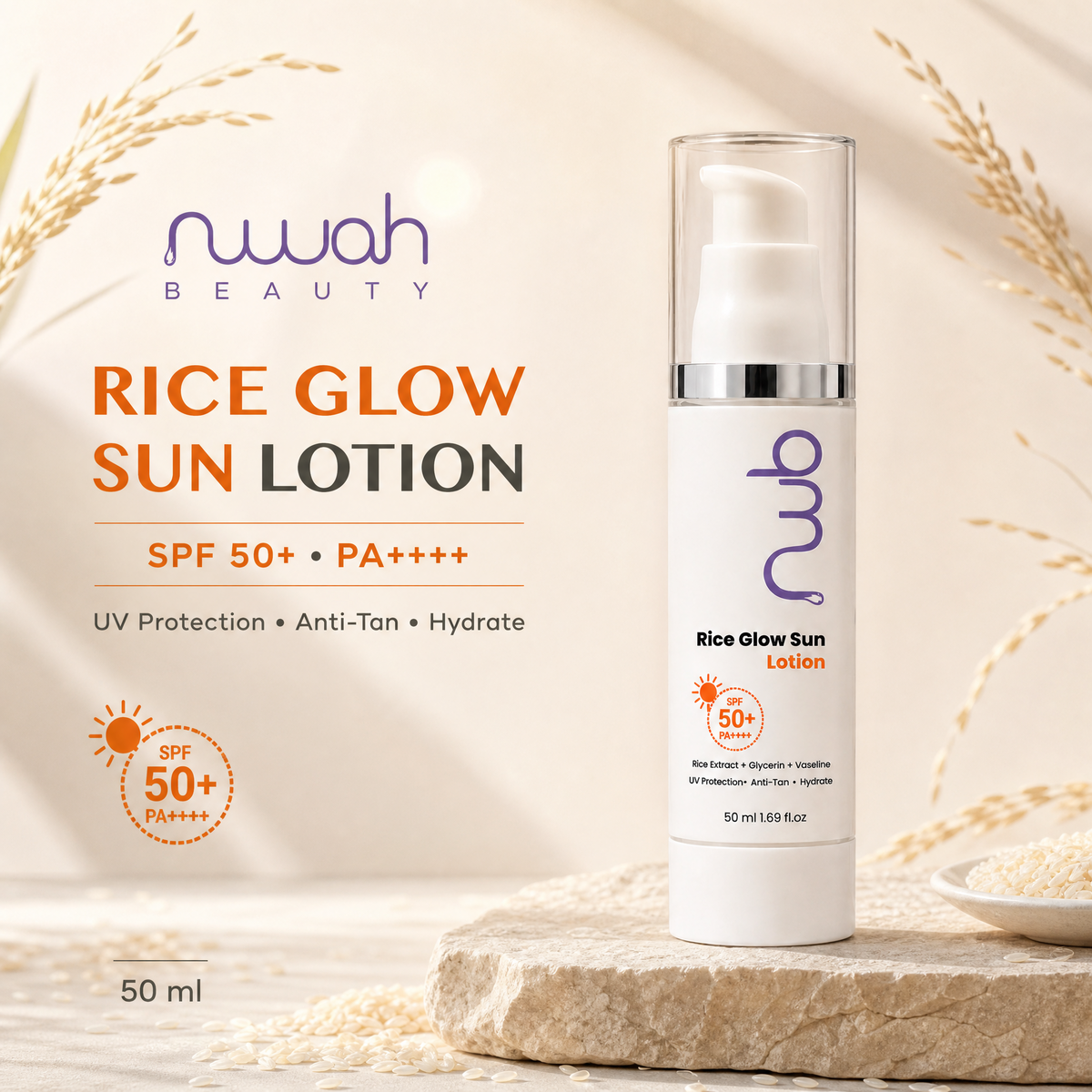 Rice Glow Sun Lotion SPF 50+ PA++++ - Lightweight Sunscreen with UV Protection & Anti-Tan | 50ml