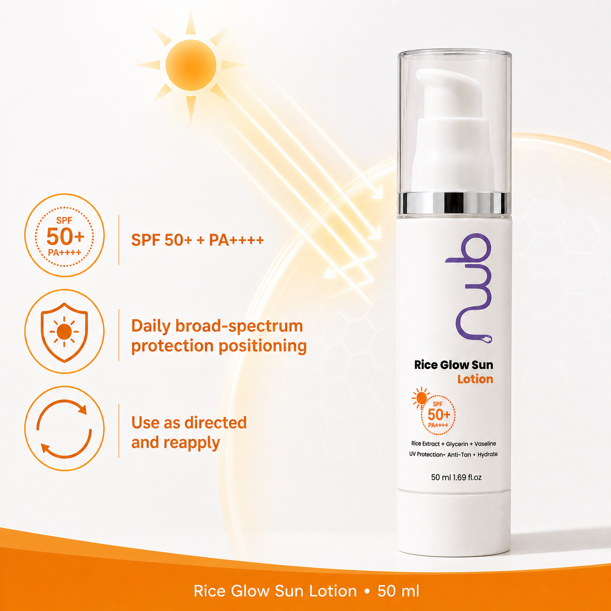 Rice Glow Sun Lotion SPF 50+ PA++++ - Lightweight Sunscreen with UV Protection & Anti-Tan | 50ml