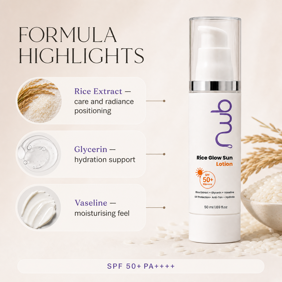 Rice Glow Sun Lotion SPF 50+ PA++++ - Lightweight Sunscreen with UV Protection & Anti-Tan | 50ml