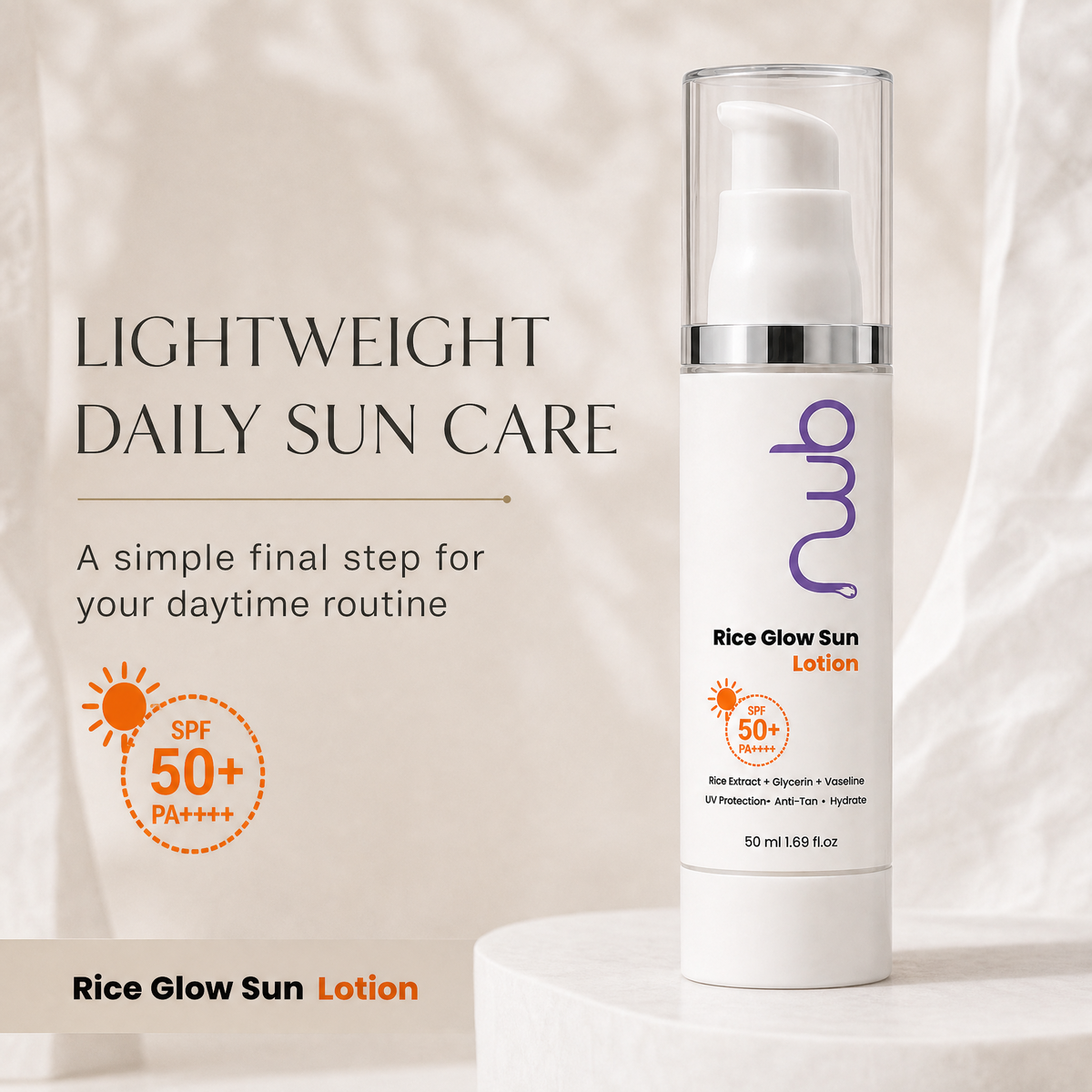 Rice Glow Sun Lotion SPF 50+ PA++++ - Lightweight Sunscreen with UV Protection & Anti-Tan | 50ml