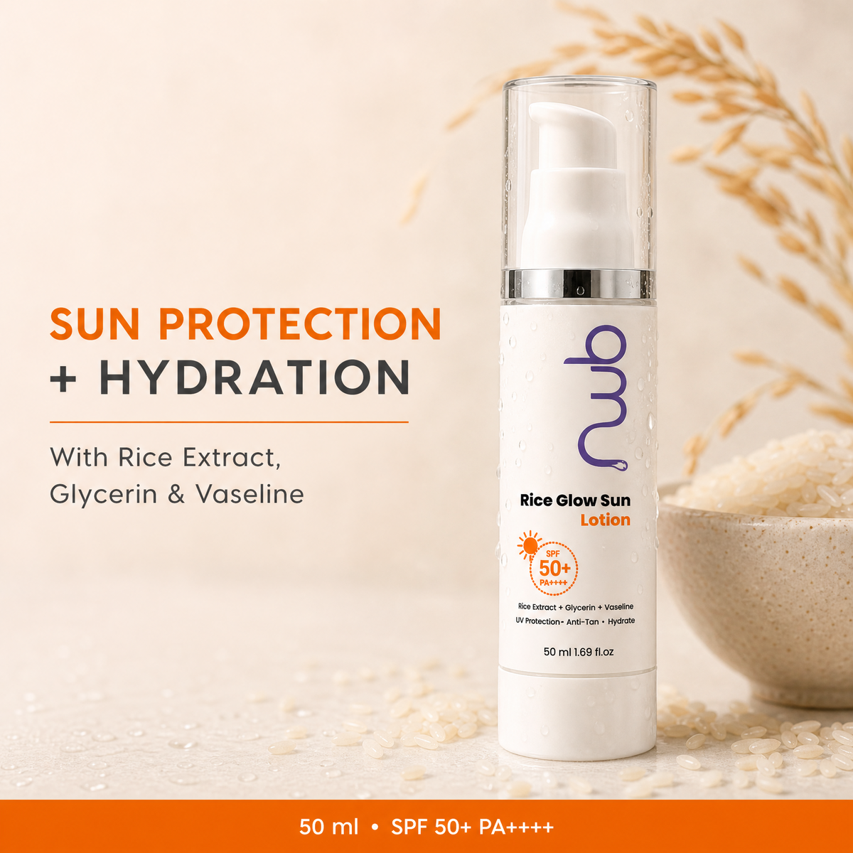 Rice Glow Sun Lotion SPF 50+ PA++++ - Lightweight Sunscreen with UV Protection & Anti-Tan | 50ml